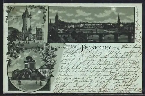 Mondschein-Lithographie Frankfurt a. M., Hessen-Monument, Eschenheimer Turm und Panorama