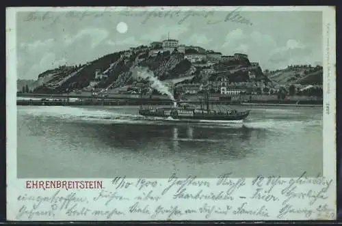 Mondschein-Lithographie Ehrenbreitstein, Blick auf die Festung