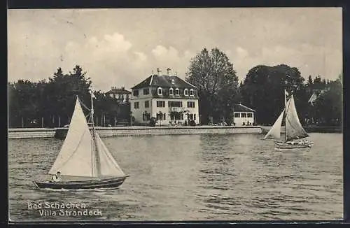 AK Bad Schachen, Gasthaus Villa Strandeck mit Segelbooten