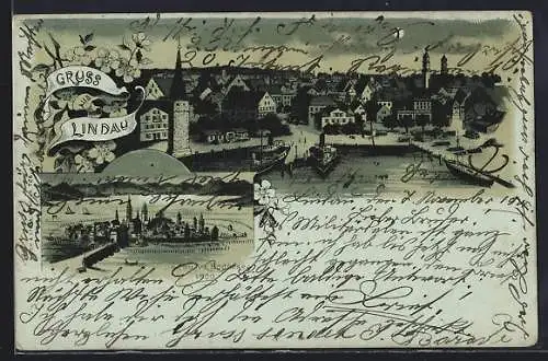 Mondschein-Lithographie Lindau im Bodensee, Dampfer im Hafen