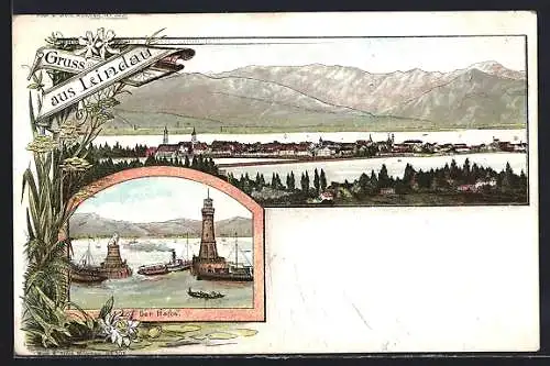 Lithographie Lindau / Bodensee, Hafen mit Dampfer, Panorama