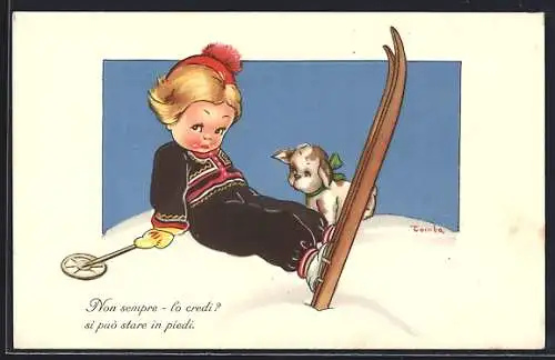 Künstler-AK Mädchen und Hund sitzen mit Skiern im Schnee