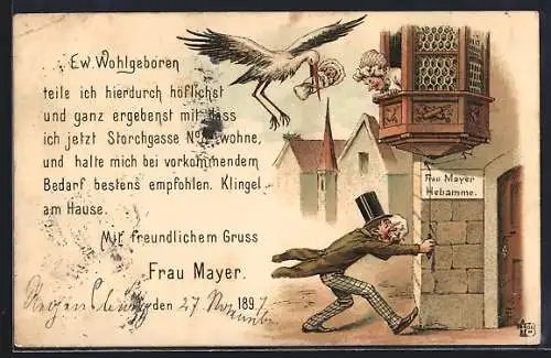 Künstler-AK Storch bringt ein Baby zur Hebamme