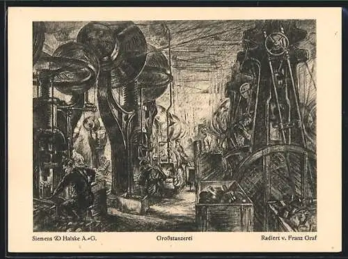 Künstler-AK Fabrik Siemens & Halske AG, Fabrikarbeiter in der Grossstanzerei