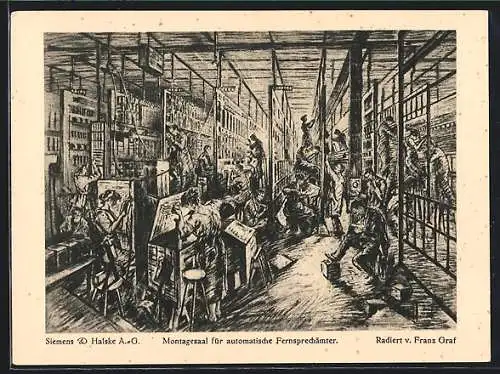 Künstler-AK Berlin-Siemensstadt, Siemens & Halske AG, Montagesaal für automatische Fernsprechämter