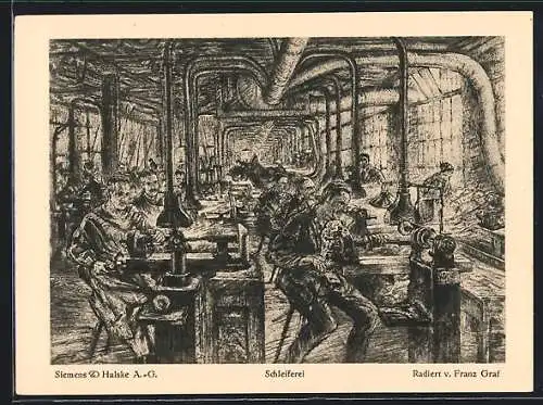 Künstler-AK Berlin-Siemensstadt, Siemens & Halske AG, Schleiferei