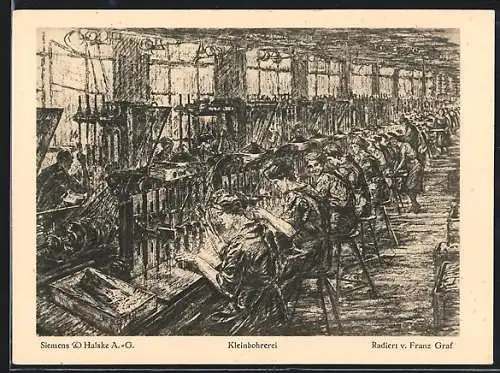 Künstler-AK Berlin-Siemensstadt, Siemens & Halske AG, Kleinbohrerei