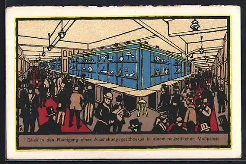 Künstler-AK Leipzig, Blick in den Rundgang eines Ausstellungsgeschosses in einem neuzeitlichen Messpalast