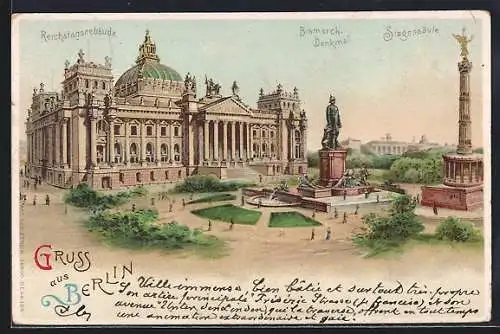Lithographie Berlin-Tiergarten, Bismarck-Denkmal, Siegessäule, Reichstagsgebäude