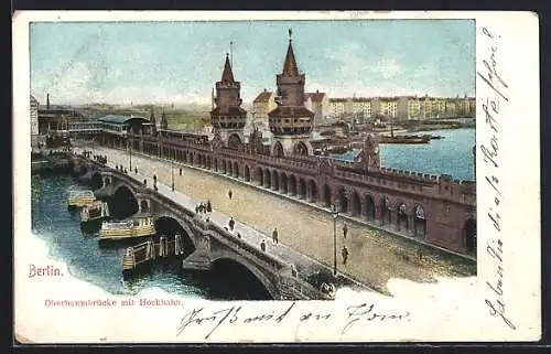 Lithographie Berlin-Friedrichshain, Oberbaumbrücke mit Hochbahn