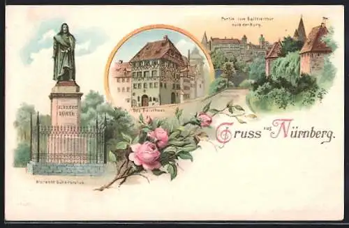 Lithographie Nürnberg, Dürer-Denkmal, Dürer-Haus, Partie am Spittlertor