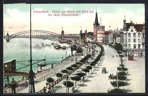 AK Düsseldorf, Rhein mit Blick auf die neue Rheinbrücke