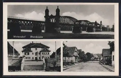 AK Wintersdorf / Rastatt, Rheinbrücke, Strasse und Schulhaus
