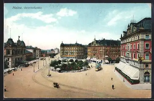 AK Mainz, Bahnhofsplatz mit Strassenbahn