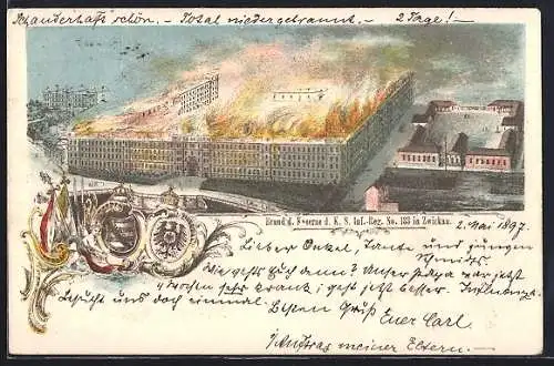 Lithographie Zwickau, Brand der Kaserne d. K. S Inf.-Reg. No. 133