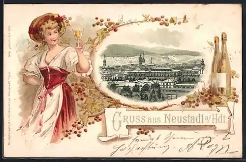 Passepartout-Lithographie Neustadt a. d. Haardt, Teilansicht der Ortschaft, Hübsche Winzerin