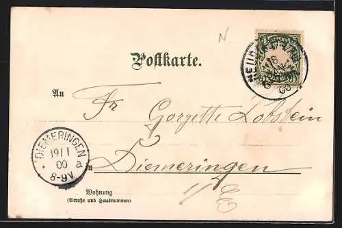 Passepartout-Lithographie Neustadt a. d. Haardt, Teilansicht der Ortschaft, Hübsche Winzerin