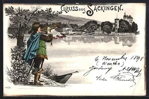 Lithographie Säckingen, Panorama mit Trompeter