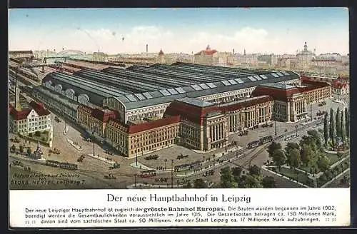 Künstler-AK Leipzig, neuer Hauptbahnhof mit Strassenbahnen