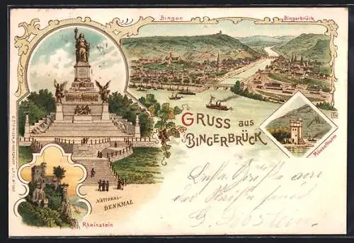 Lithographie Bingerbrück, National-Denkmal, Rheinstein, Mäusethurm