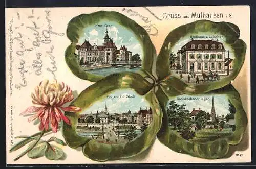 Kleeblatt-Lithographie Mülhausen i. E., Neue Post, Eingang zur Stadt, Gasthaus z. Bahnhof