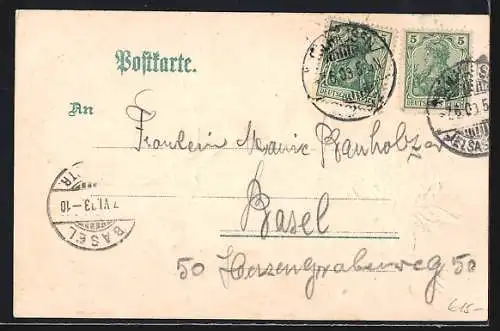 Kleeblatt-Lithographie Mülhausen i. E., Neue Post, Eingang zur Stadt, Gasthaus z. Bahnhof