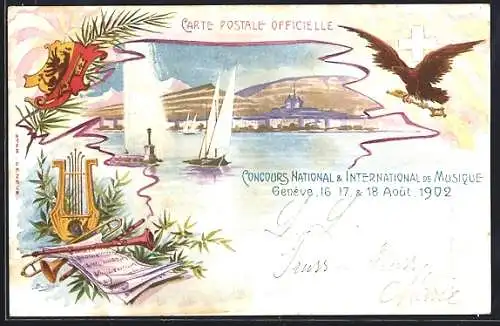 Lithographie SängerfestGenéve, Concours National & International de Musique 1902, Stadtansicht mit Segelboot auf dem See