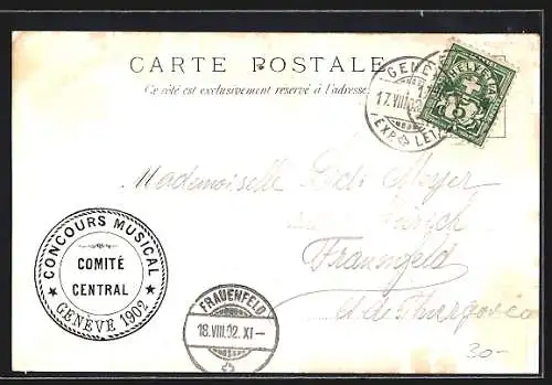 Lithographie SängerfestGenéve, Concours National & International de Musique 1902, Stadtansicht mit Segelboot auf dem See