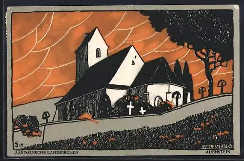 Künstler-AK sign. Carl Zweifel: Auenstein, Dorfkirche mit Friedhof