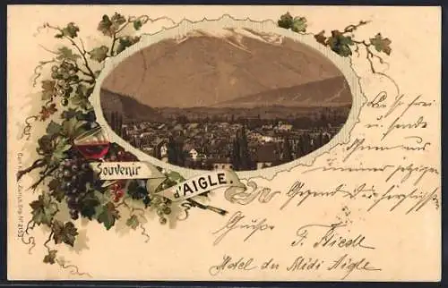 Lithographie Aigle, Teilansicht der Ortschaft, Wein