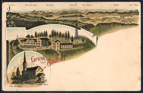 Lithographie Bachtel, Alpenpanorama mit Säntis und Mürtschen, Gasthaus Bachtel und Kirche