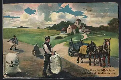 AK Bauer hebt einen Sack Kalisalz auf das Pferdefuhrwerk, Reklame für Kunstdünger