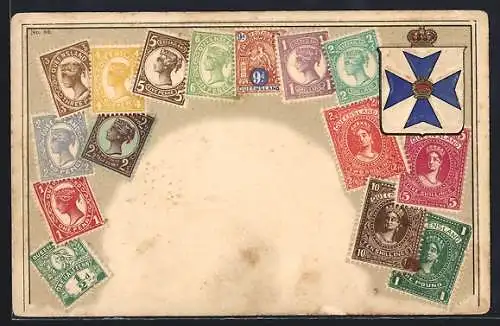 Künstler-AK Queensland, Wappen und Briefmarken