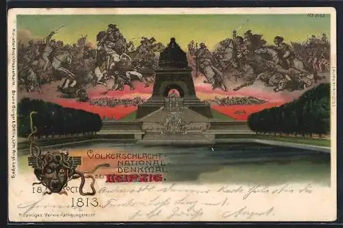 Lithographie Leipzig, das Völkerschlachtdenkmal, Teufel mit Schlagen auf dem Kopf