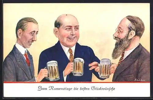 Künstler-AK Brauerei, drei Herren stossen mit Bier an