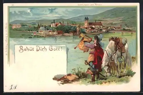 Lithographie Behüt Dich Gott! Trompeter von Säckingen mit Pferd am Ufer stehend