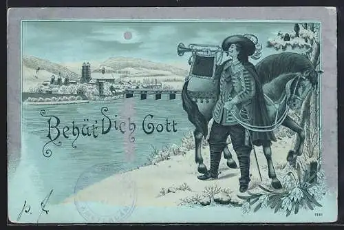 Mondschein-Lithographie Trompeter von Säckingen mit einer Fanfare und seinem Pferd