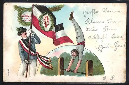 Lithographie Turner bei der Übung am Reck, Fahne Willkommen Gut Heil