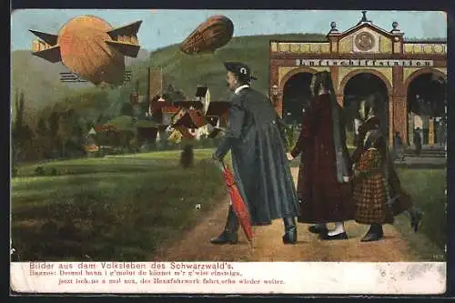 AK Bilder aus dem Volksleben des Schwarzwalds, Zeppeline, Familie in Tracht, Luftschifferstation