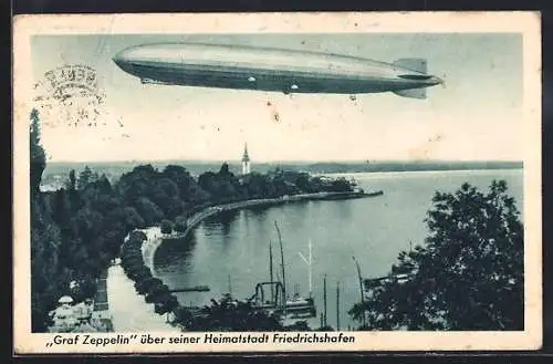 AK Friedrichshafen, Luftschiff LZ 127 Graf Zeppelin über dem Hafen
