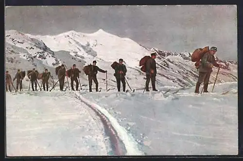 AK Schweizer Proviantkolonne im Hochgebirge, Skiläufer