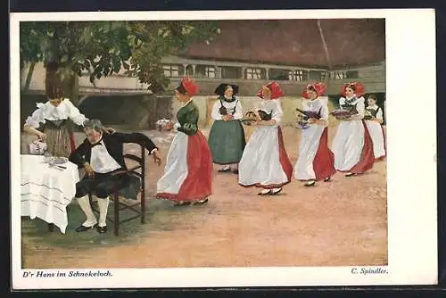 Künstler-AK Elsässerinnen in Tracht bewirten älteren Mann