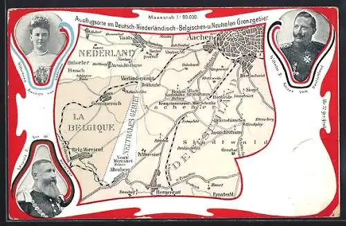 AK Hergenrath, Landkarte Ausflugsorte im Grenzgebiet, Porträts Kaiser Wilhelm II., König Leopold II. von Belgien