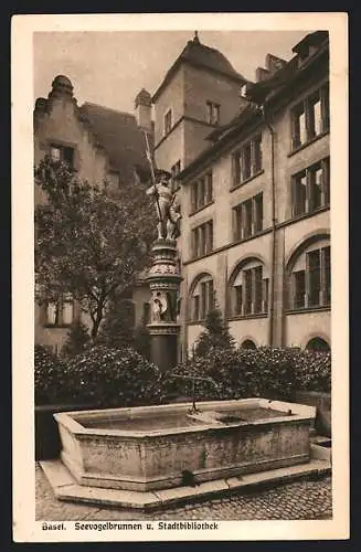 AK Basel, Seevogelbrunnen und Stadtbibliothek