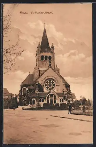 AK Basel, St. Paulus-Kirche mit Strassenpartie