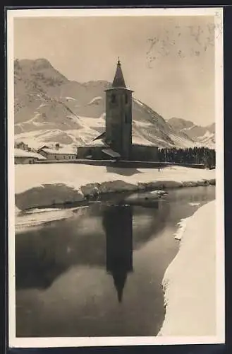 AK Sils-Baselgia, Ortsansicht mit Piz la Margna im Winter