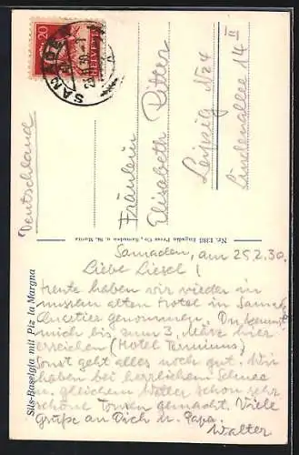 AK Sils-Baselgia, Ortsansicht mit Piz la Margna im Winter