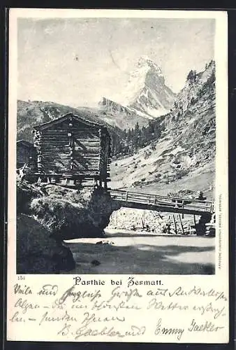 AK Zermatt, Berglandschaft mit Holzhütten