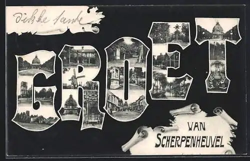 AK Scherpenheuvel, Schriftzug Groet mit Kirche, Windmühle und Denkmal