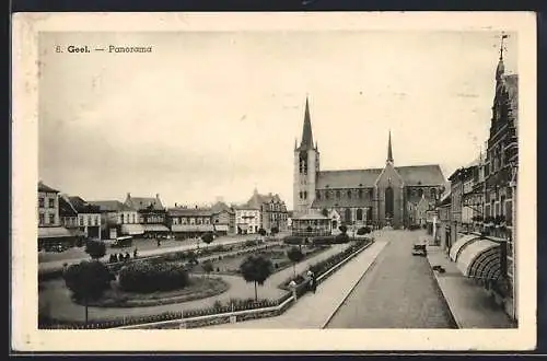 AK Geel, Panorama mit Kirche und Strassenpartie